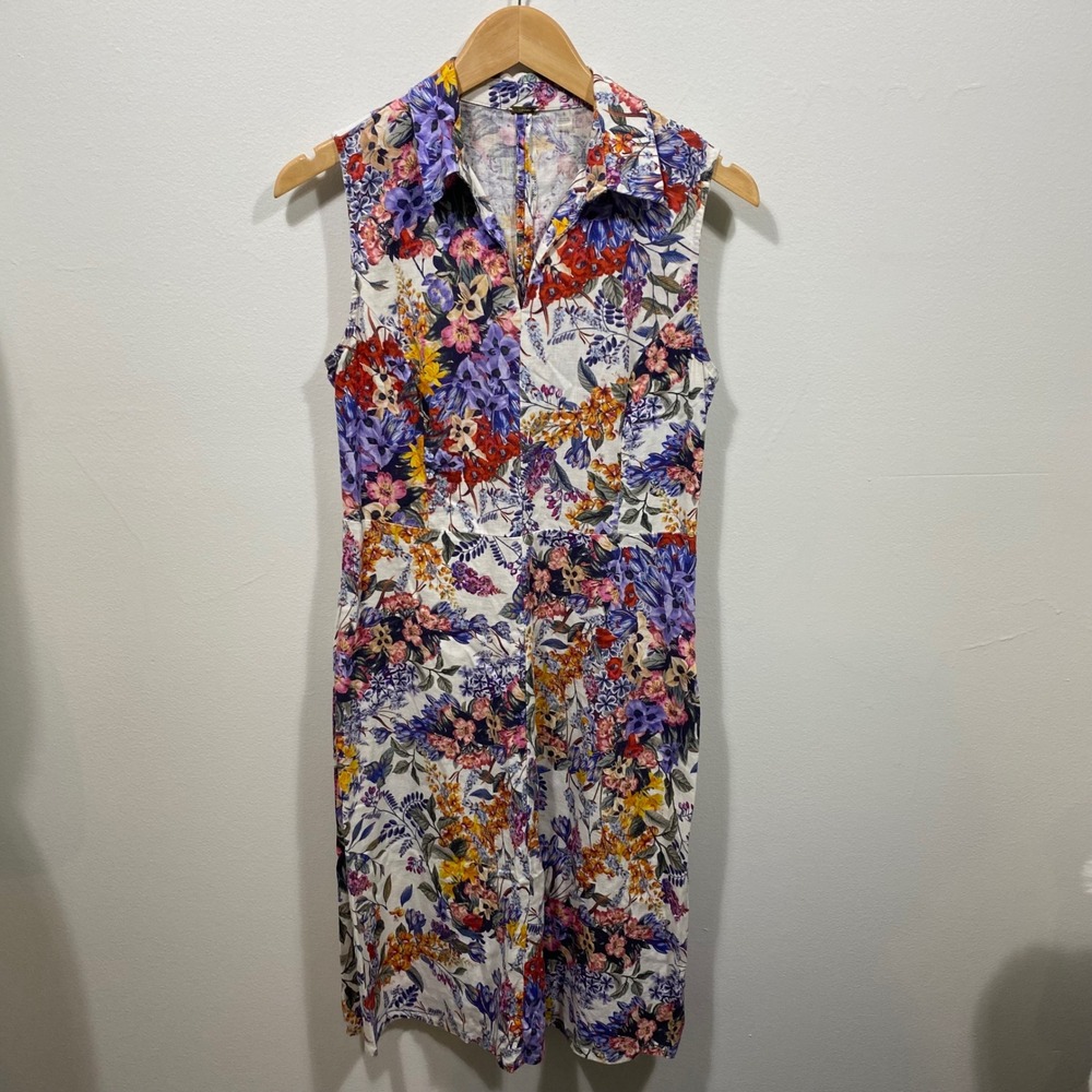 Tahari Linen Blend Boho Floral Garden Sleeveless‎ Dress Multicolor Sz 6 Garden